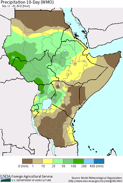 Eastern Africa Precipitation 10-Day (WMO) Thematic Map For 9/11/2022 - 9/20/2022