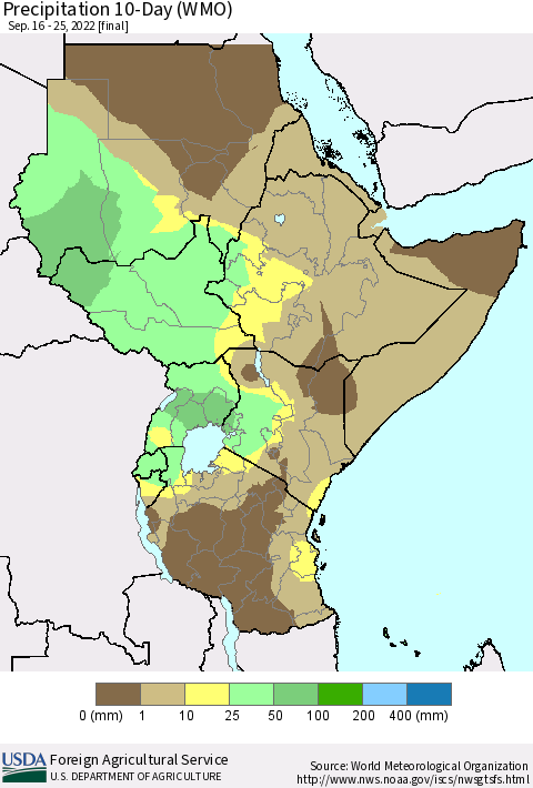 Eastern Africa Precipitation 10-Day (WMO) Thematic Map For 9/16/2022 - 9/25/2022