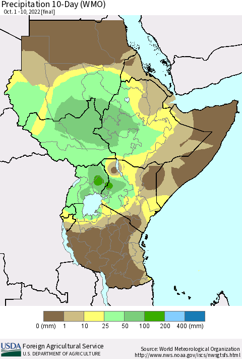 Eastern Africa Precipitation 10-Day (WMO) Thematic Map For 10/1/2022 - 10/10/2022