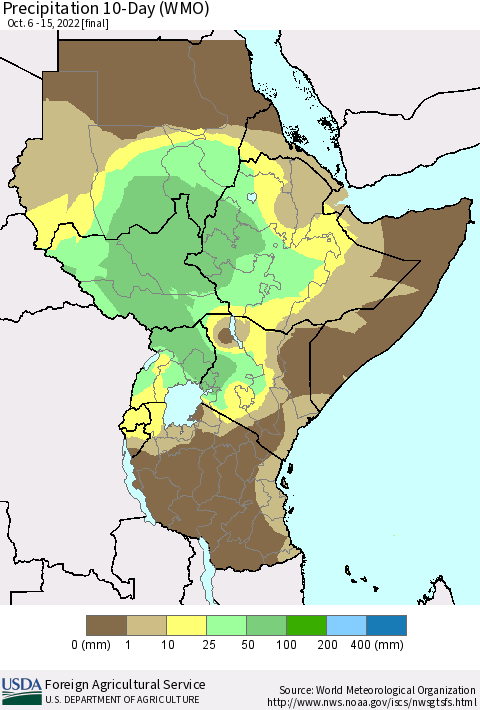 Eastern Africa Precipitation 10-Day (WMO) Thematic Map For 10/6/2022 - 10/15/2022