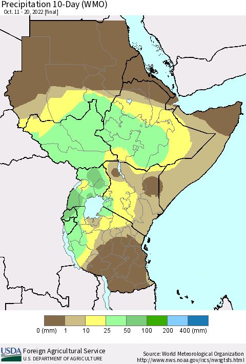 Eastern Africa Precipitation 10-Day (WMO) Thematic Map For 10/11/2022 - 10/20/2022