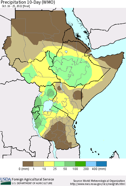 Eastern Africa Precipitation 10-Day (WMO) Thematic Map For 10/16/2022 - 10/25/2022
