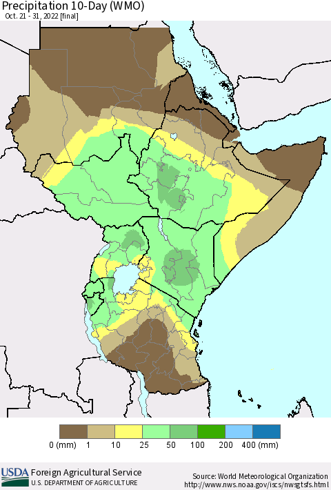 Eastern Africa Precipitation 10-Day (WMO) Thematic Map For 10/21/2022 - 10/31/2022