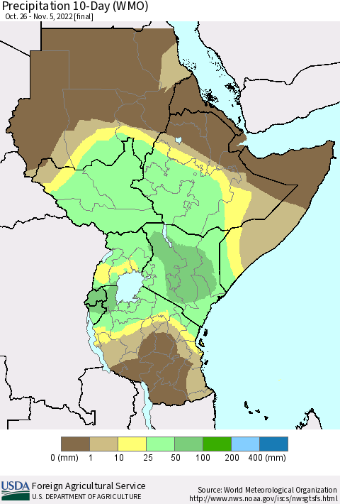Eastern Africa Precipitation 10-Day (WMO) Thematic Map For 10/26/2022 - 11/5/2022
