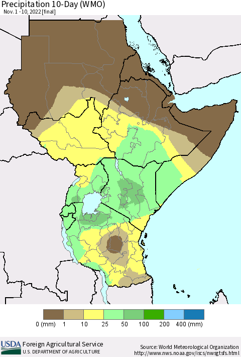 Eastern Africa Precipitation 10-Day (WMO) Thematic Map For 11/1/2022 - 11/10/2022
