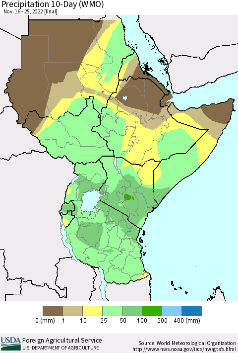 Eastern Africa Precipitation 10-Day (WMO) Thematic Map For 11/16/2022 - 11/25/2022
