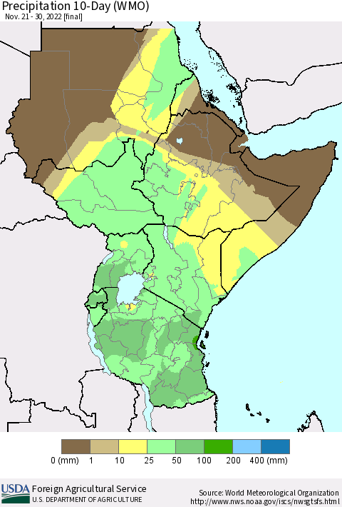 Eastern Africa Precipitation 10-Day (WMO) Thematic Map For 11/21/2022 - 11/30/2022