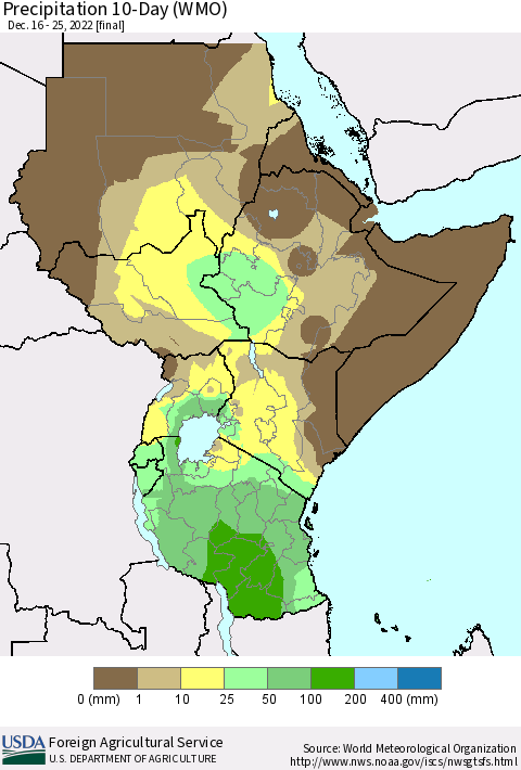 Eastern Africa Precipitation 10-Day (WMO) Thematic Map For 12/16/2022 - 12/25/2022