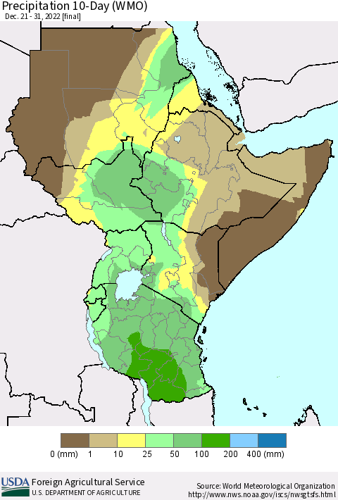 Eastern Africa Precipitation 10-Day (WMO) Thematic Map For 12/21/2022 - 12/31/2022