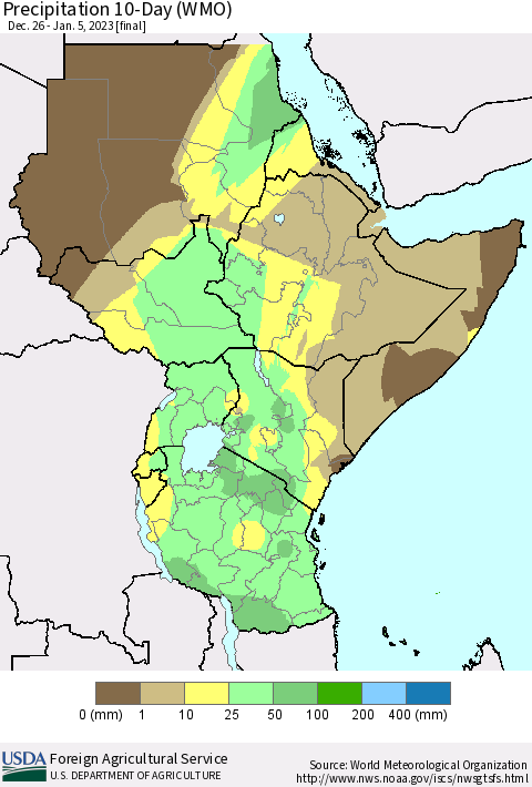 Eastern Africa Precipitation 10-Day (WMO) Thematic Map For 12/26/2022 - 1/5/2023