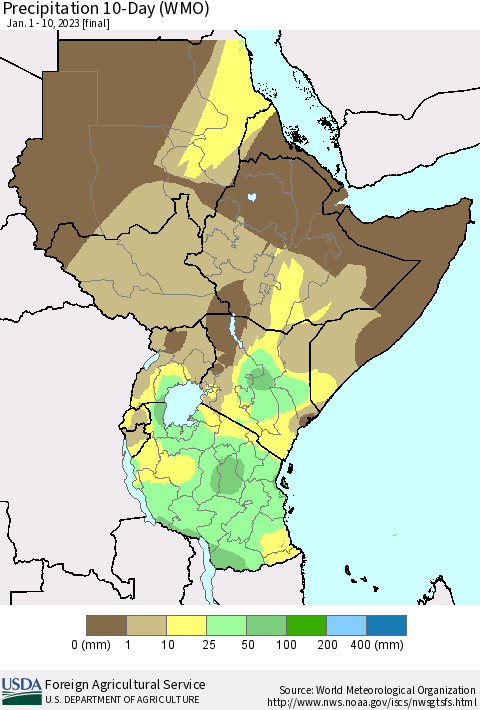 Eastern Africa Precipitation 10-Day (WMO) Thematic Map For 1/1/2023 - 1/10/2023