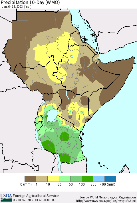 Eastern Africa Precipitation 10-Day (WMO) Thematic Map For 1/6/2023 - 1/15/2023