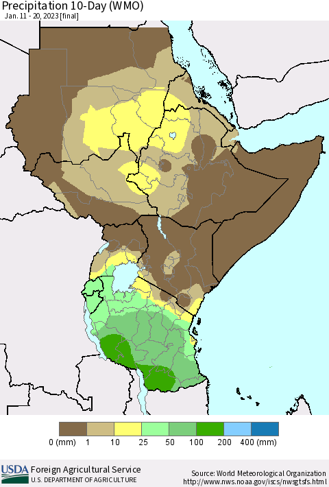Eastern Africa Precipitation 10-Day (WMO) Thematic Map For 1/11/2023 - 1/20/2023