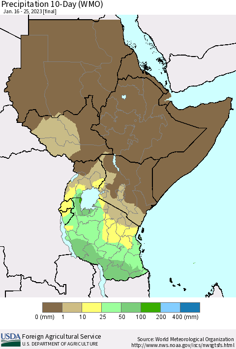 Eastern Africa Precipitation 10-Day (WMO) Thematic Map For 1/16/2023 - 1/25/2023
