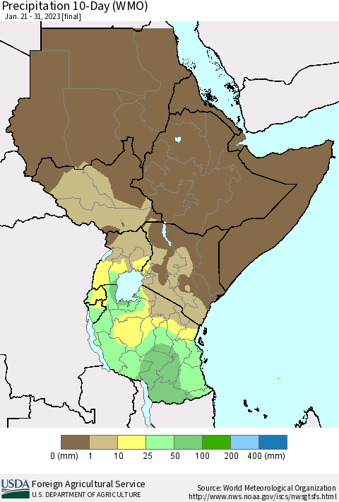 Eastern Africa Precipitation 10-Day (WMO) Thematic Map For 1/21/2023 - 1/31/2023