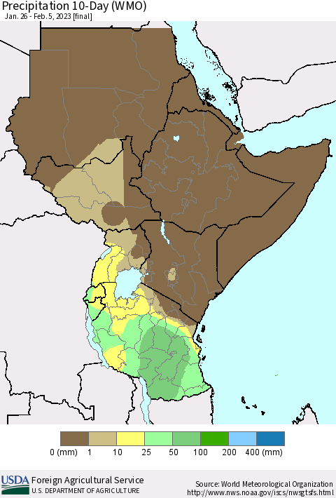 Eastern Africa Precipitation 10-Day (WMO) Thematic Map For 1/26/2023 - 2/5/2023