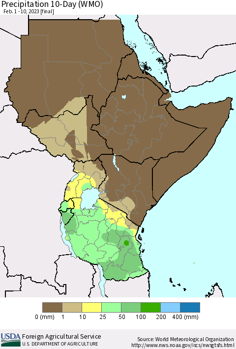Eastern Africa Precipitation 10-Day (WMO) Thematic Map For 2/1/2023 - 2/10/2023