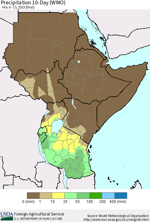 Eastern Africa Precipitation 10-Day (WMO) Thematic Map For 2/6/2023 - 2/15/2023