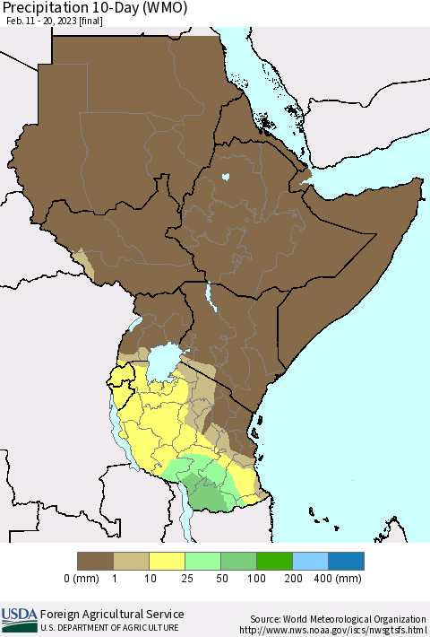 Eastern Africa Precipitation 10-Day (WMO) Thematic Map For 2/11/2023 - 2/20/2023