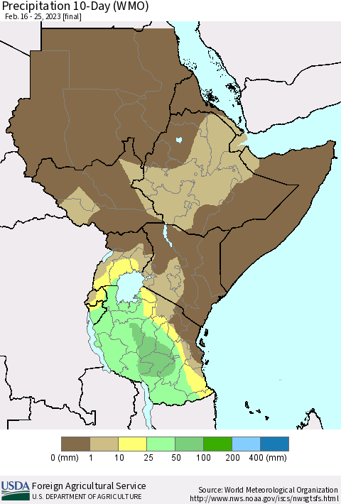 Eastern Africa Precipitation 10-Day (WMO) Thematic Map For 2/16/2023 - 2/25/2023