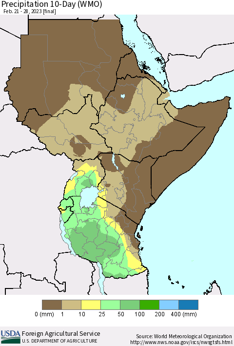 Eastern Africa Precipitation 10-Day (WMO) Thematic Map For 2/21/2023 - 2/28/2023