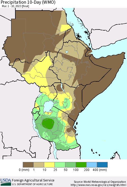 Eastern Africa Precipitation 10-Day (WMO) Thematic Map For 3/1/2023 - 3/10/2023