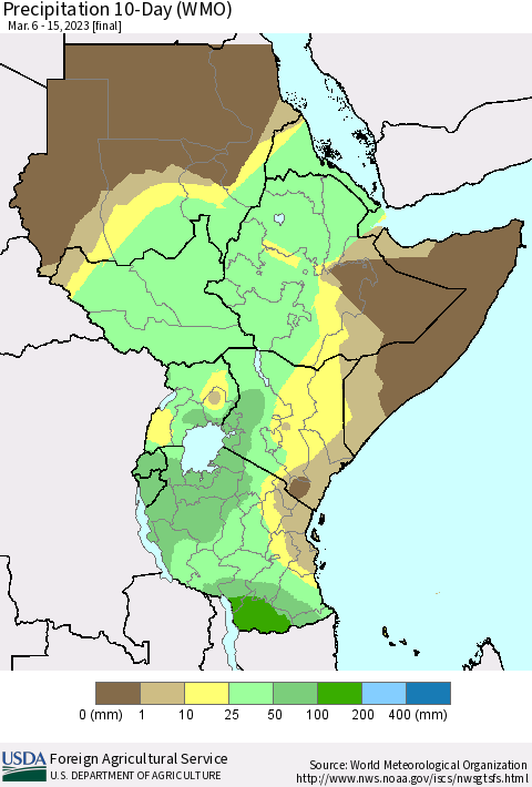 Eastern Africa Precipitation 10-Day (WMO) Thematic Map For 3/6/2023 - 3/15/2023