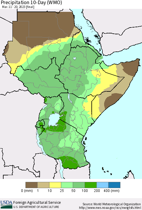 Eastern Africa Precipitation 10-Day (WMO) Thematic Map For 3/11/2023 - 3/20/2023