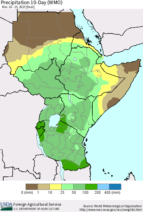 Eastern Africa Precipitation 10-Day (WMO) Thematic Map For 3/16/2023 - 3/25/2023