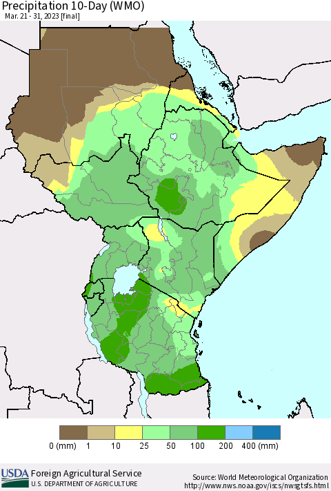 Eastern Africa Precipitation 10-Day (WMO) Thematic Map For 3/21/2023 - 3/31/2023
