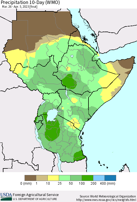 Eastern Africa Precipitation 10-Day (WMO) Thematic Map For 3/26/2023 - 4/5/2023