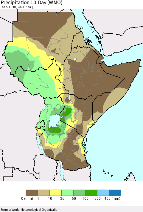 Eastern Africa Precipitation 10-Day (WMO) Thematic Map For 9/1/2023 - 9/10/2023