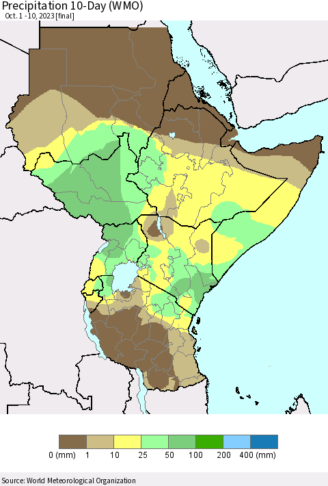 Eastern Africa Precipitation 10-Day (WMO) Thematic Map For 10/1/2023 - 10/10/2023