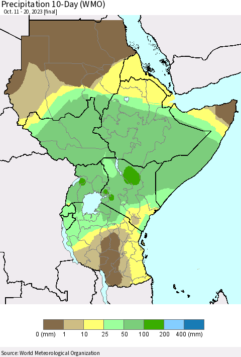 Eastern Africa Precipitation 10-Day (WMO) Thematic Map For 10/11/2023 - 10/20/2023