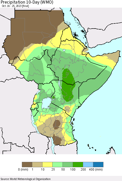 Eastern Africa Precipitation 10-Day (WMO) Thematic Map For 10/16/2023 - 10/25/2023