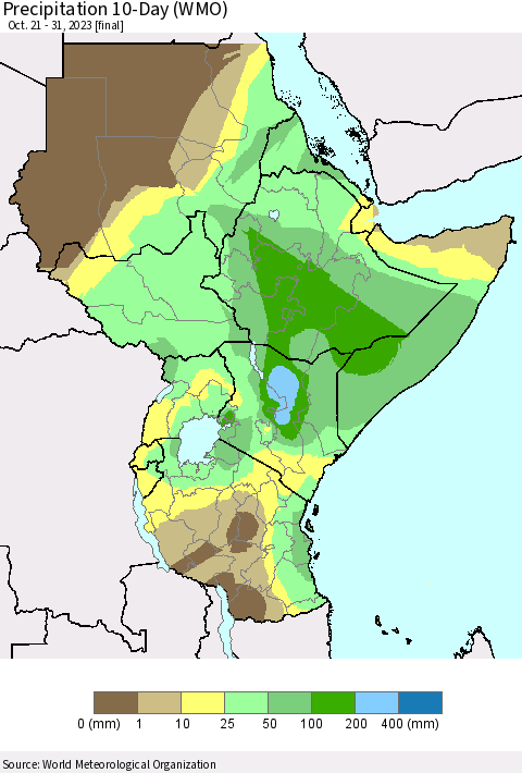 Eastern Africa Precipitation 10-Day (WMO) Thematic Map For 10/21/2023 - 10/31/2023