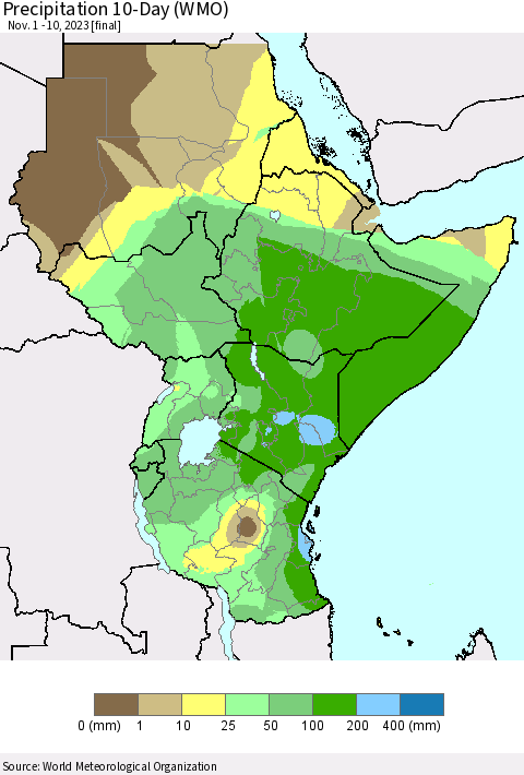 Eastern Africa Precipitation 10-Day (WMO) Thematic Map For 11/1/2023 - 11/10/2023