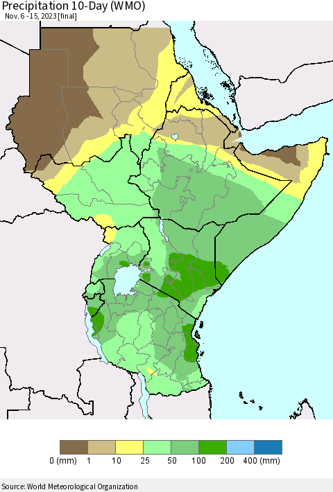 Eastern Africa Precipitation 10-Day (WMO) Thematic Map For 11/6/2023 - 11/15/2023