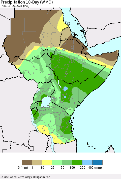 Eastern Africa Precipitation 10-Day (WMO) Thematic Map For 11/11/2023 - 11/20/2023