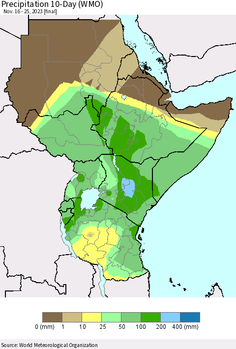 Eastern Africa Precipitation 10-Day (WMO) Thematic Map For 11/16/2023 - 11/25/2023
