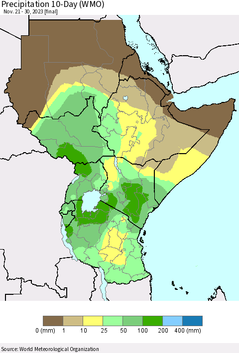 Eastern Africa Precipitation 10-Day (WMO) Thematic Map For 11/21/2023 - 11/30/2023