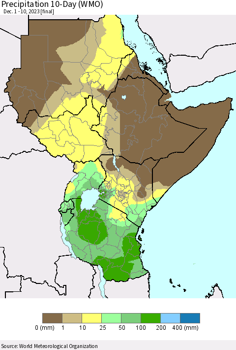 Eastern Africa Precipitation 10-Day (WMO) Thematic Map For 12/1/2023 - 12/10/2023