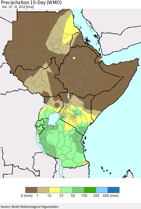Eastern Africa Precipitation 10-Day (WMO) Thematic Map For 12/16/2023 - 12/25/2023