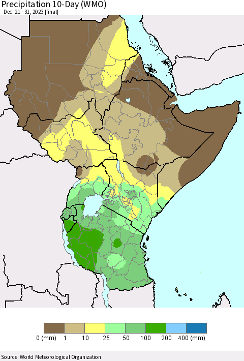 Eastern Africa Precipitation 10-Day (WMO) Thematic Map For 12/21/2023 - 12/31/2023