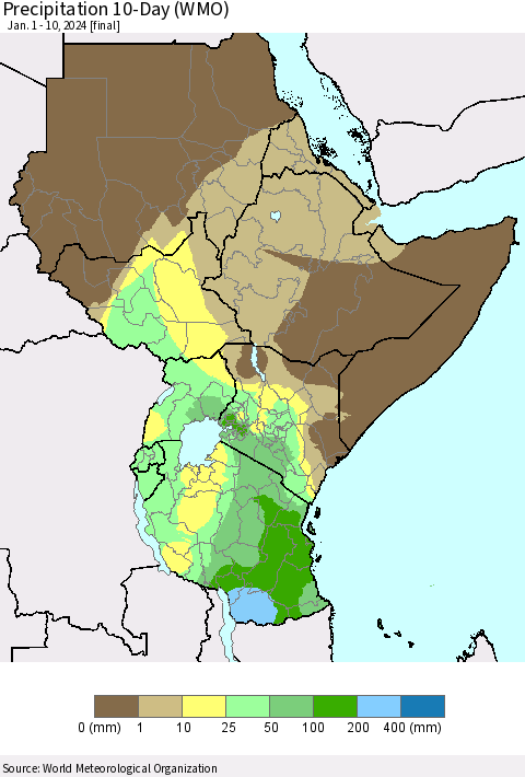 Eastern Africa Precipitation 10-Day (WMO) Thematic Map For 1/1/2024 - 1/10/2024