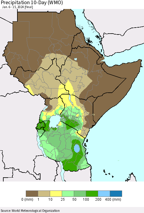 Eastern Africa Precipitation 10-Day (WMO) Thematic Map For 1/6/2024 - 1/15/2024
