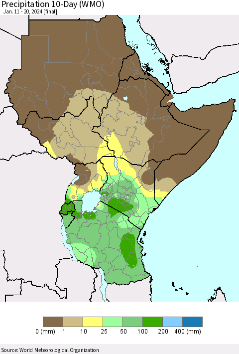 Eastern Africa Precipitation 10-Day (WMO) Thematic Map For 1/11/2024 - 1/20/2024