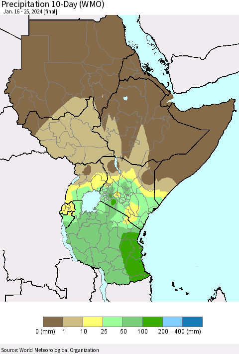 Eastern Africa Precipitation 10-Day (WMO) Thematic Map For 1/16/2024 - 1/25/2024