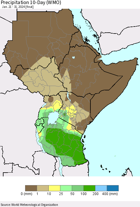 Eastern Africa Precipitation 10-Day (WMO) Thematic Map For 1/21/2024 - 1/31/2024