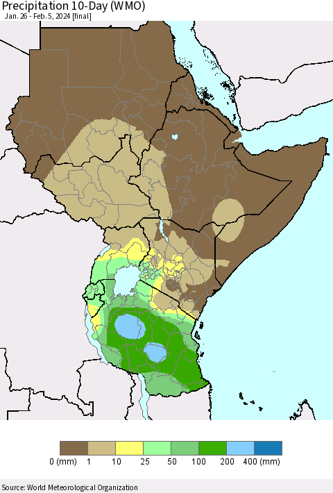 Eastern Africa Precipitation 10-Day (WMO) Thematic Map For 1/26/2024 - 2/5/2024